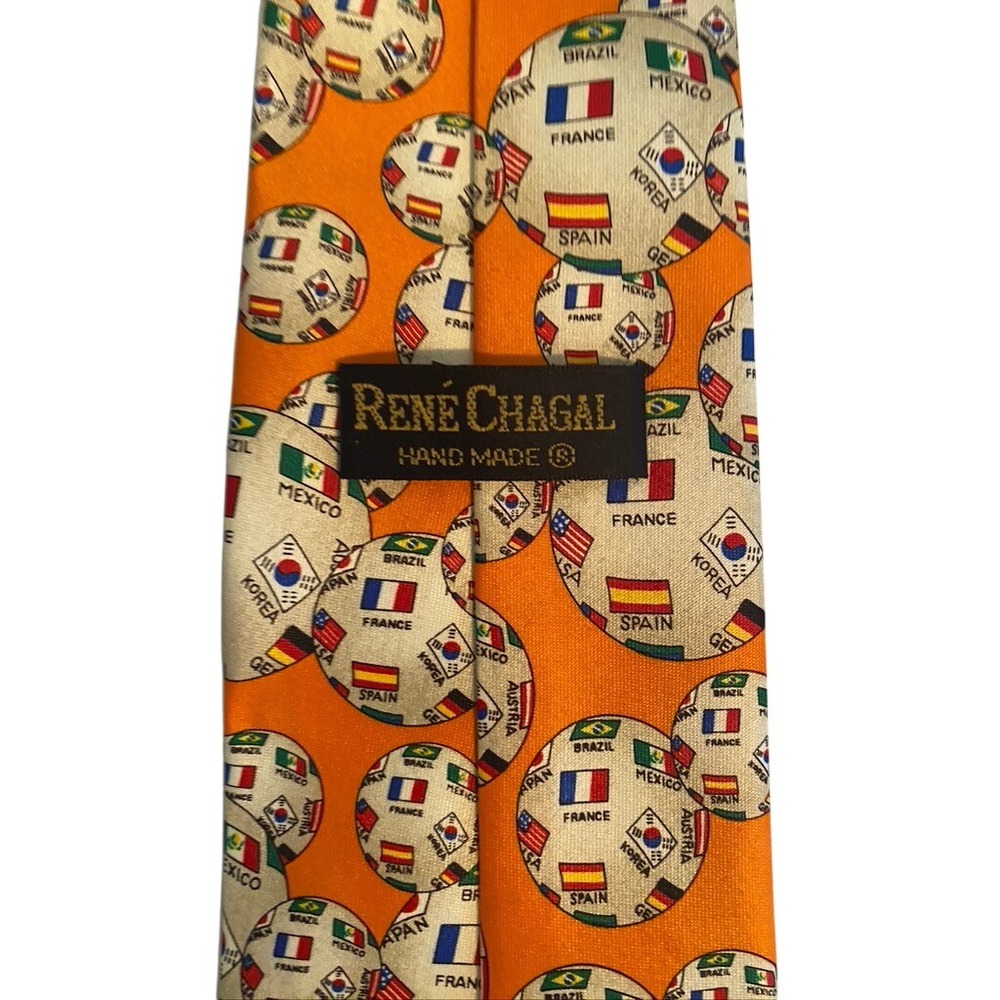Rene Chagal Mens Silk Tie Orange World Cup Soccer Flags Countries Handmade